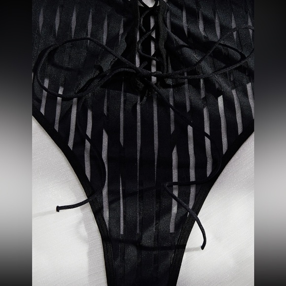 Black Pinstripe Cut Out Tie Up Sexy Lingerie Bodysuit - Picture 11 of 13